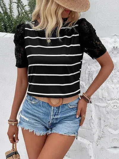 Striped Lace Detail Short Sleeve T-Shirt Black Women's T-Shirts - Tophatter Daily Deals